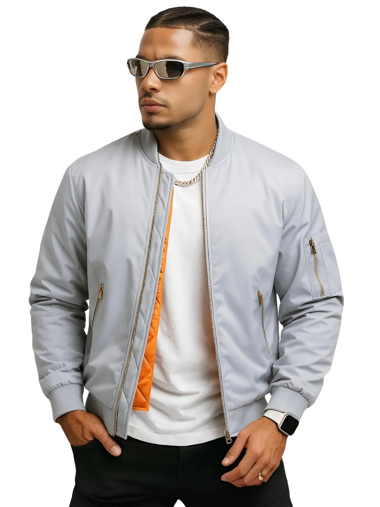 Man wearing a light gray bomber jacket with orange lining, white shirt, and sunglasses on a white background