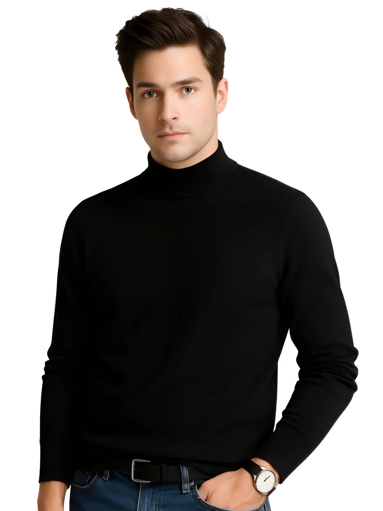 Man wearing a black turtleneck sweater on a white background
