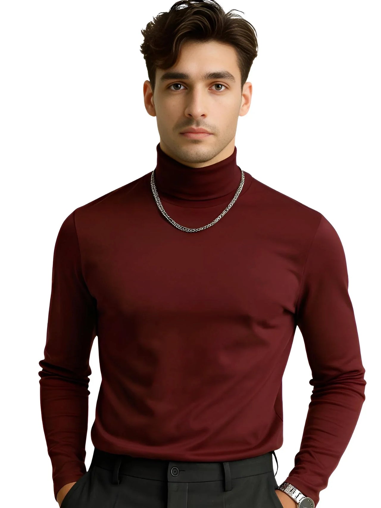 Man wearing a maroon turtleneck sweater on a white background
