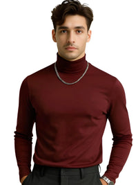 Thumbnail for Man wearing a maroon turtleneck sweater on a white background