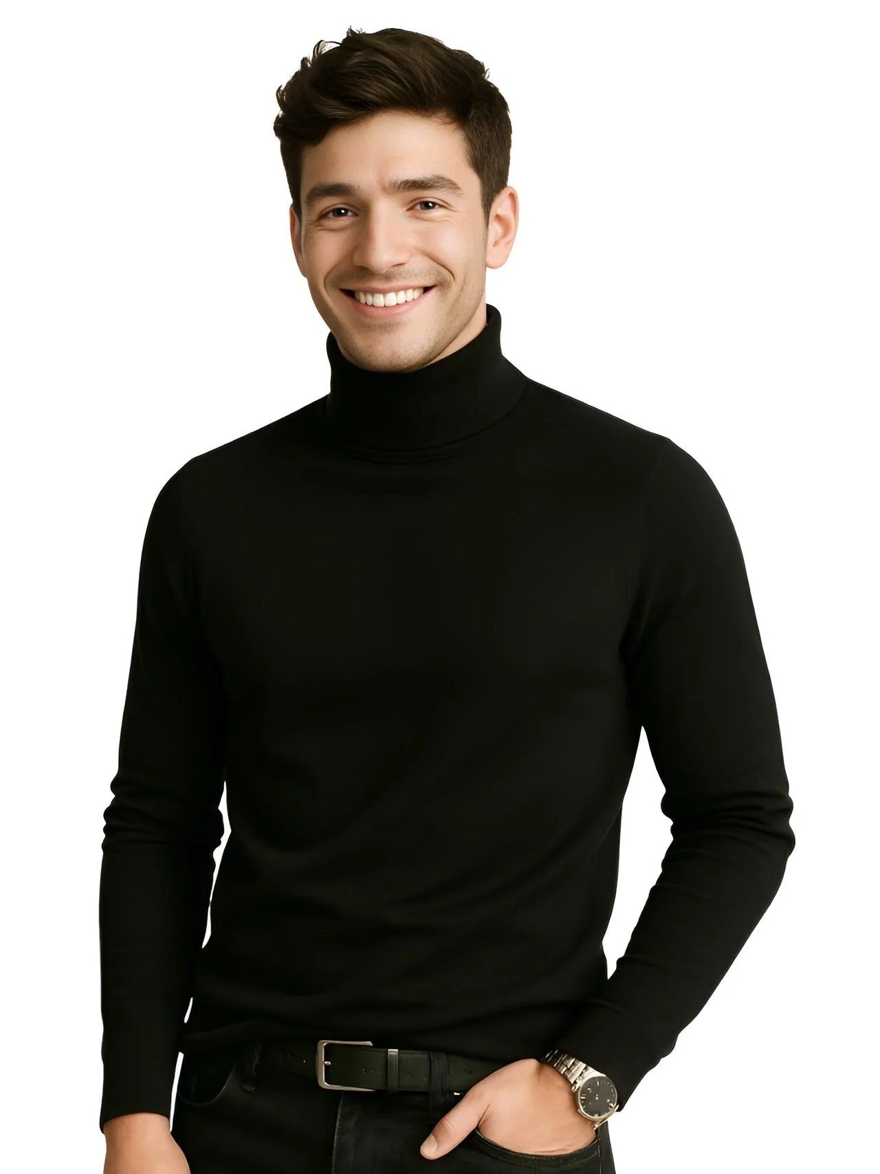 Man wearing a black turtleneck sweater on a white background