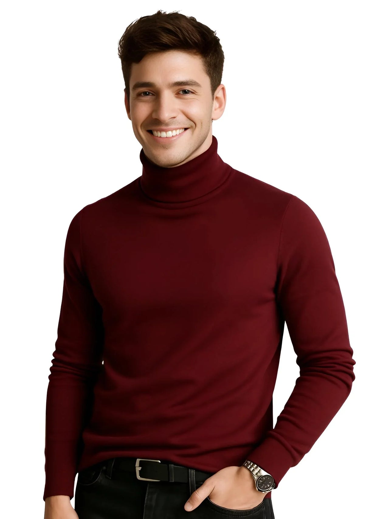 Man wearing a dark red turtleneck sweater on a white background
