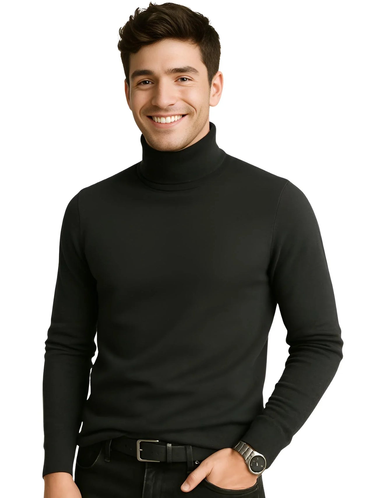 Man wearing a black turtleneck sweater on a white background