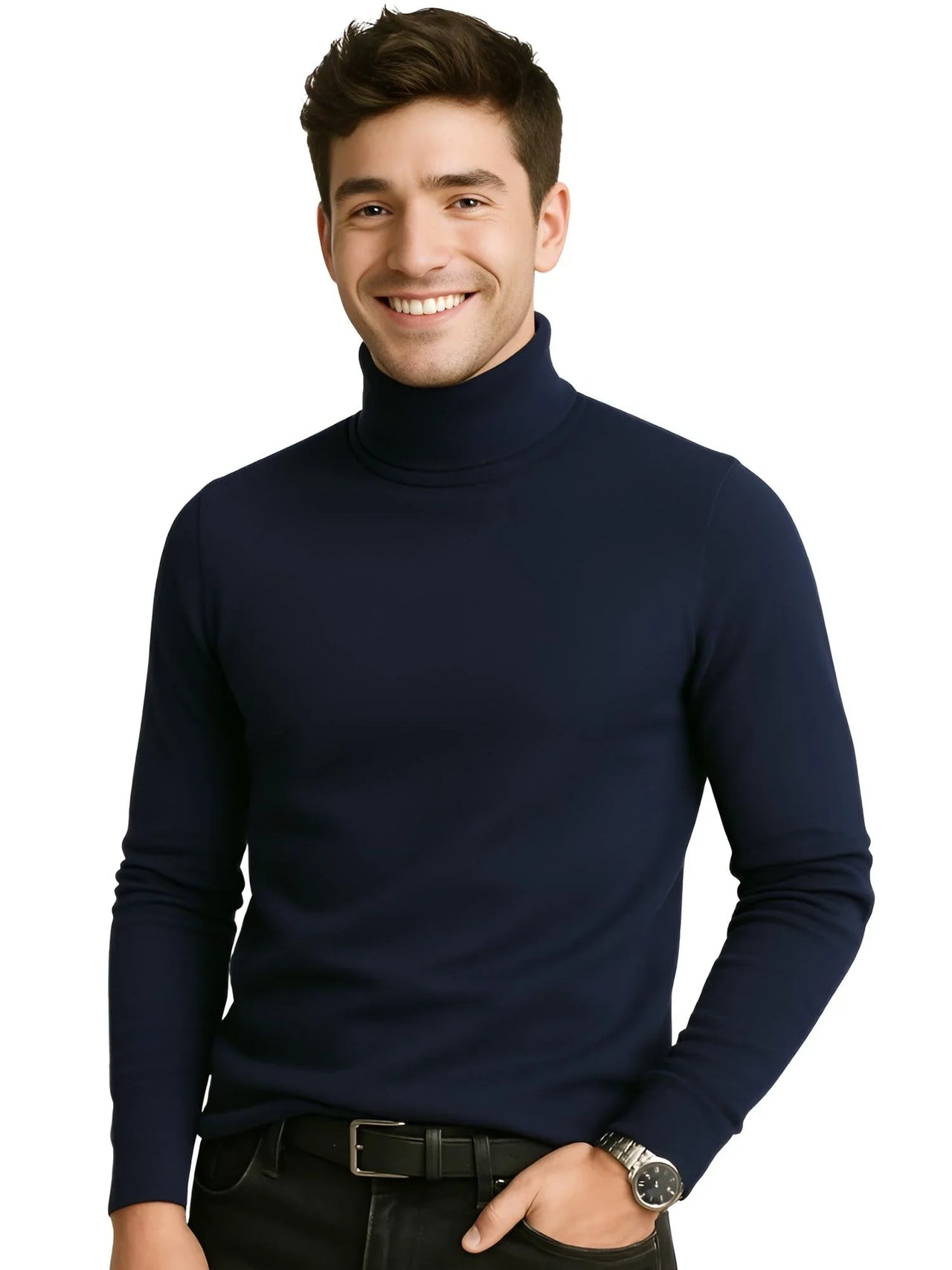 Man wearing a navy turtleneck sweater on a white background