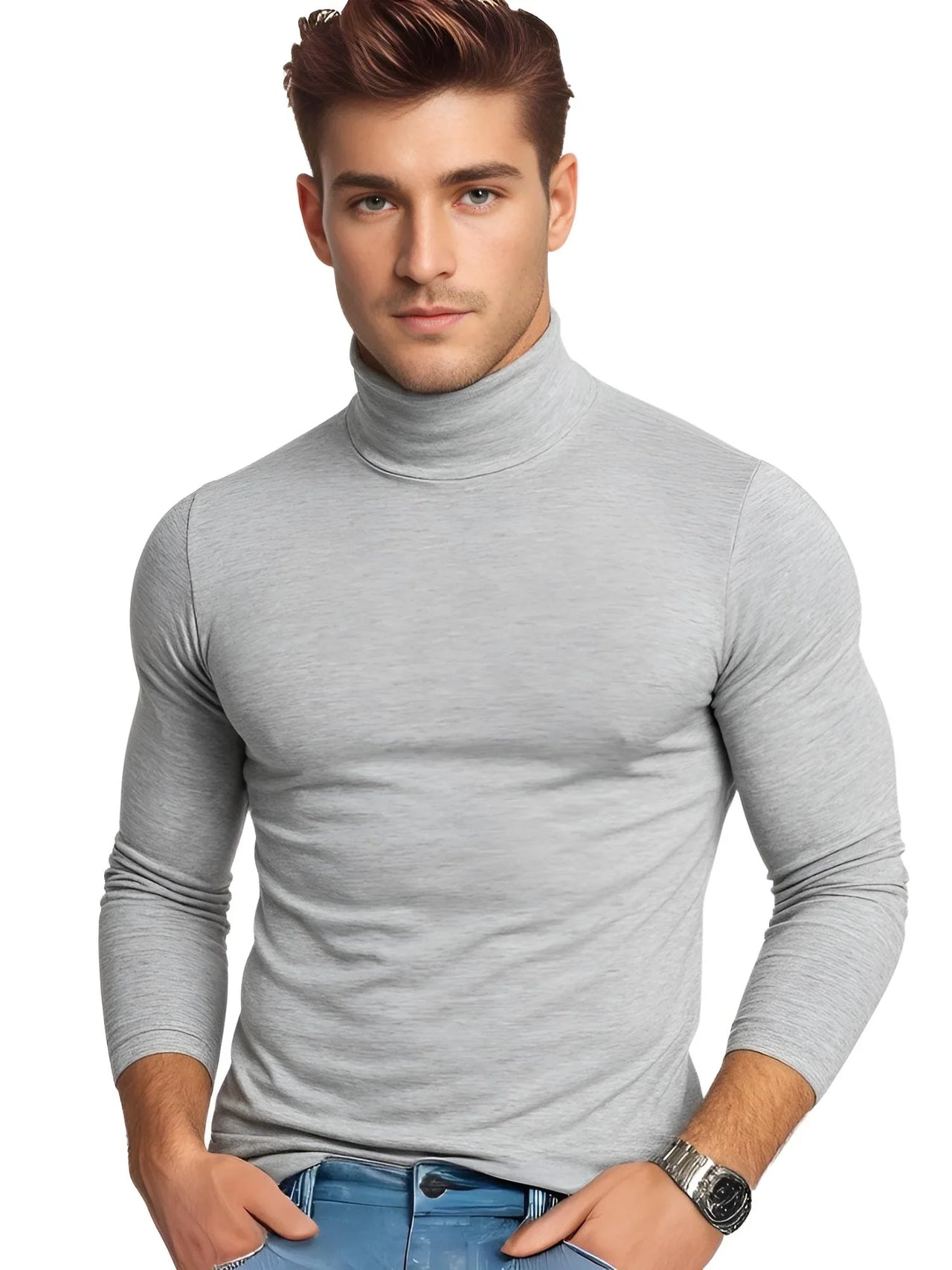 Man wearing a thin light gray turtleneck on a white background