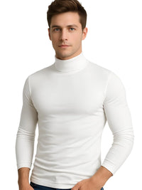 Thumbnail for Man wearing a thin white turtleneck shirt on a white background