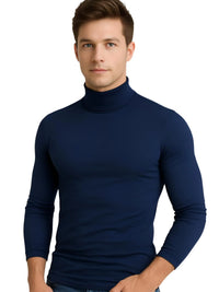 Thumbnail for Man wearing a thin navy blue turtleneck shirt on a white background