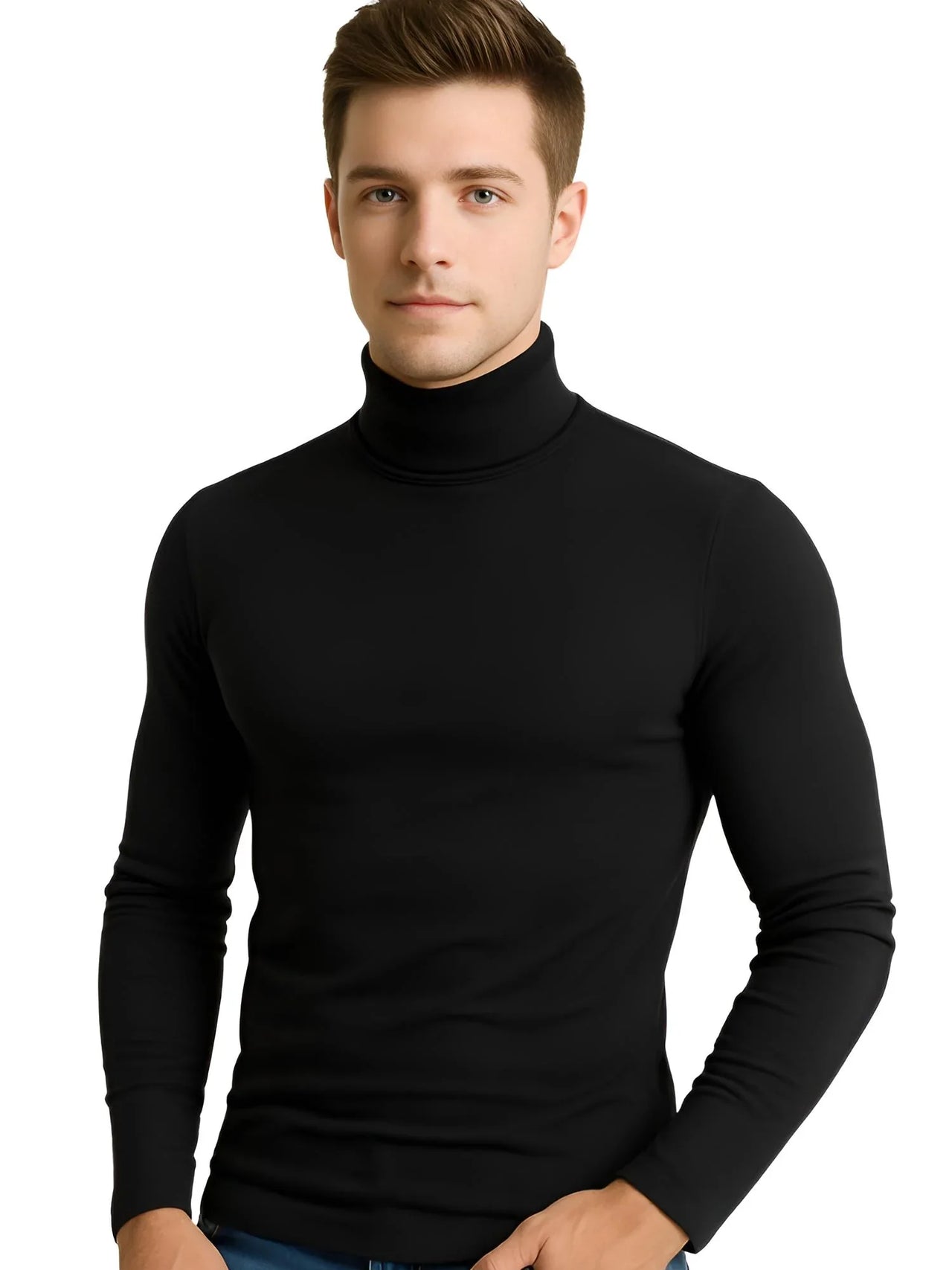 Man wearing a black turtleneck sweater on a white background