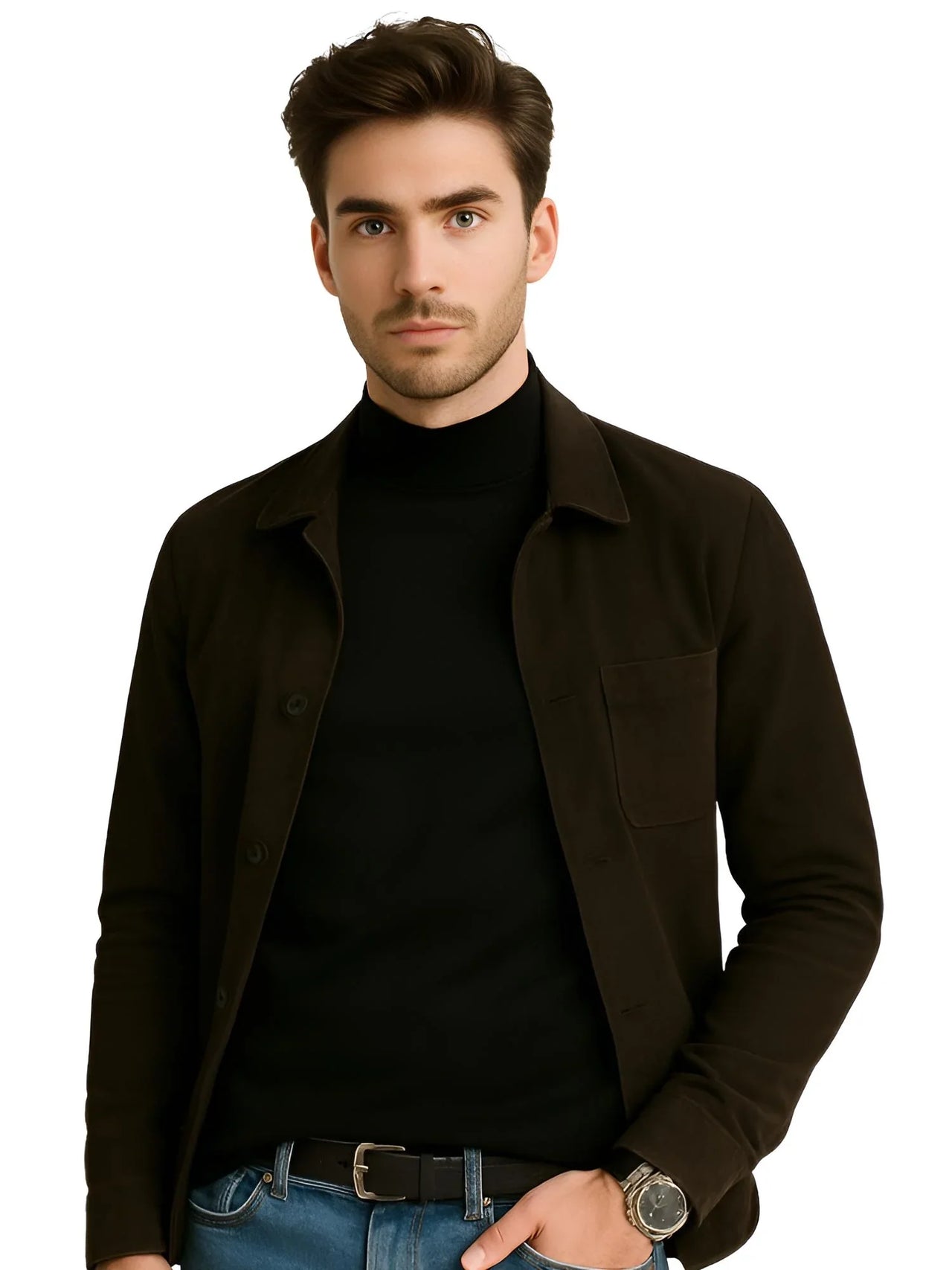 Man wearing a dark brown jacket over a black long sleeve shirt with blue jeans on a white background