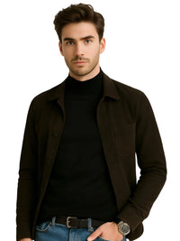 Thumbnail for Man wearing a dark brown jacket over a black long sleeve shirt with blue jeans on a white background