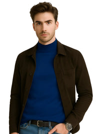 Thumbnail for Man wearing a brown jacket over a blue long sleeve shirt on a white background