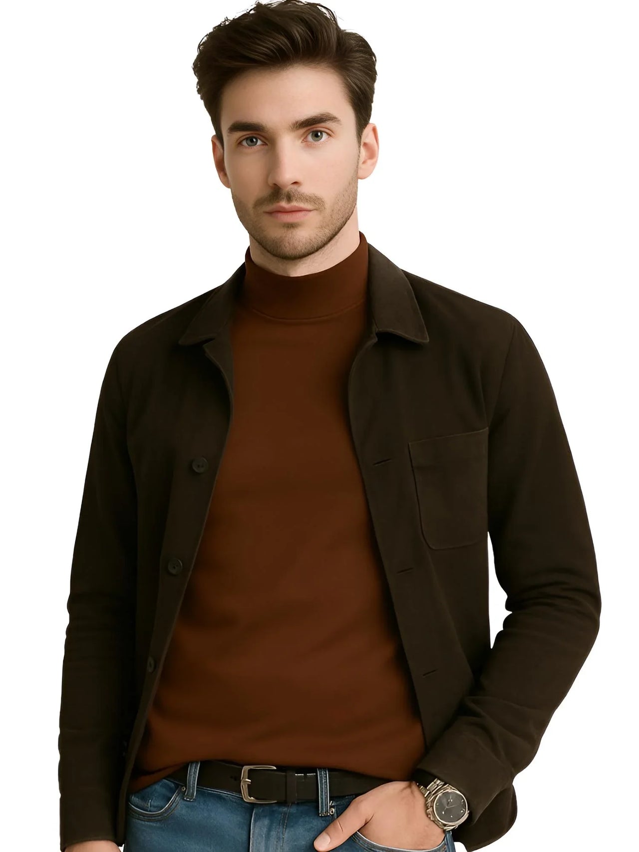 Man wearing a dark brown jacket over a brown shirt on a white background