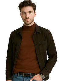 Thumbnail for Man wearing a dark brown jacket over a brown shirt on a white background
