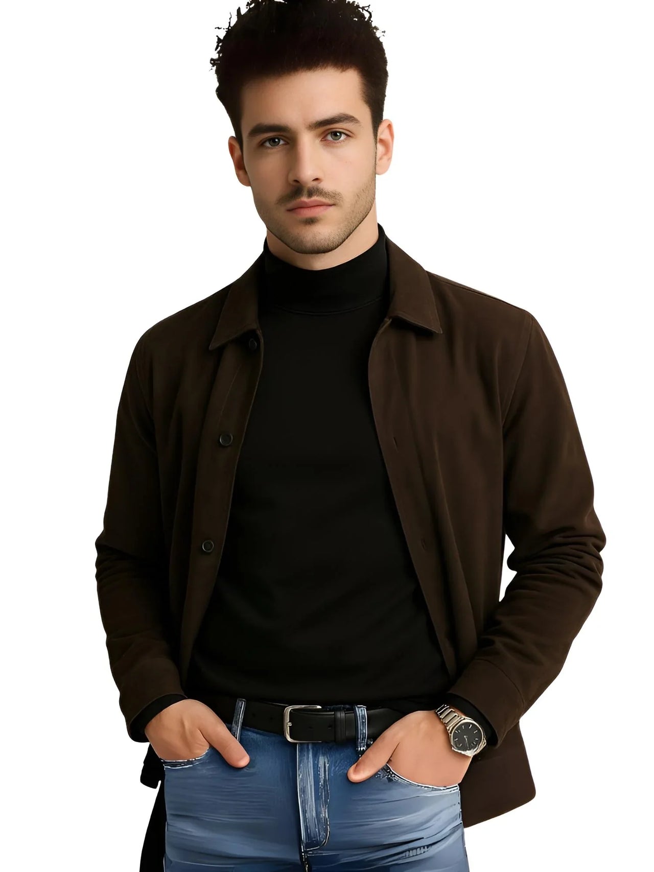 Man wearing a brown jacket over a darkest gray long sleeve shirt with blue jeans on a white background