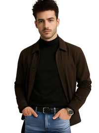 Thumbnail for Man wearing a brown jacket over a darkest gray long sleeve shirt with blue jeans on a white background
