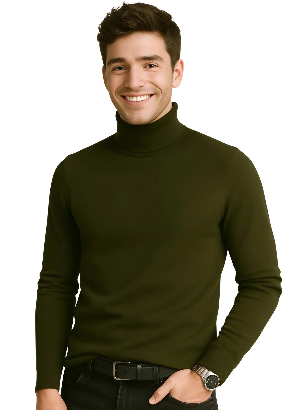 Man wearing an army green turtleneck sweater on a white background