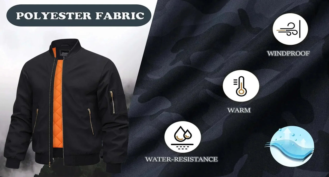 Black bomber jacket with orange zipper on a gray background, featuring text and icons about polyester fabric properties such as "warm", "water-resistance", and "windproof"