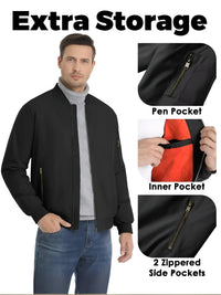 Thumbnail for Men's black bomber jacket with storage features shown on a white background