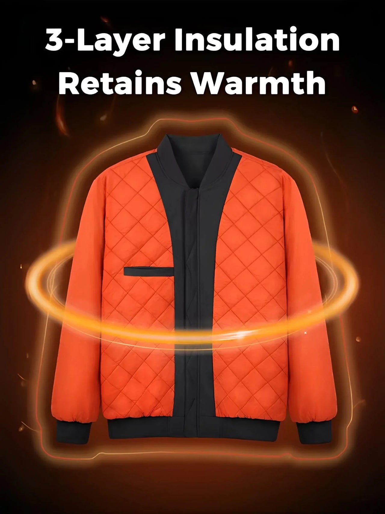 Orange quilted jacket with black accents on a dark background, highlighting insulation feature.