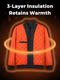 Thumbnail for Orange quilted jacket with black accents on a dark background, highlighting insulation feature.