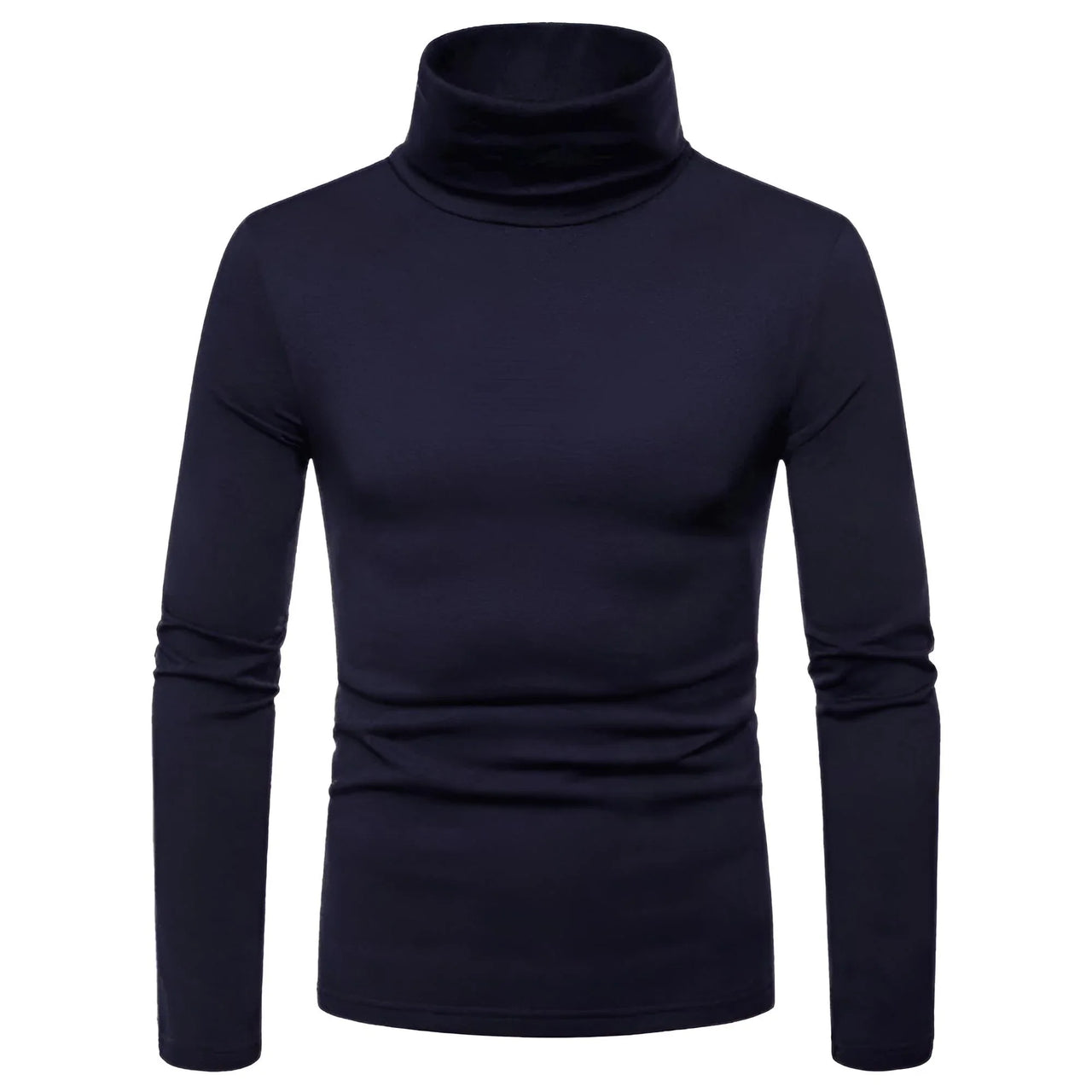 Navy blue turtleneck sweater on a white background