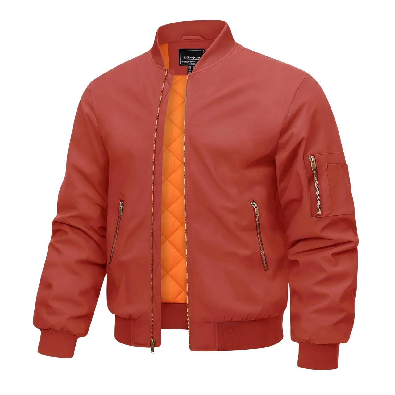 Orange bomber jacket with orange quilted lining on a white background