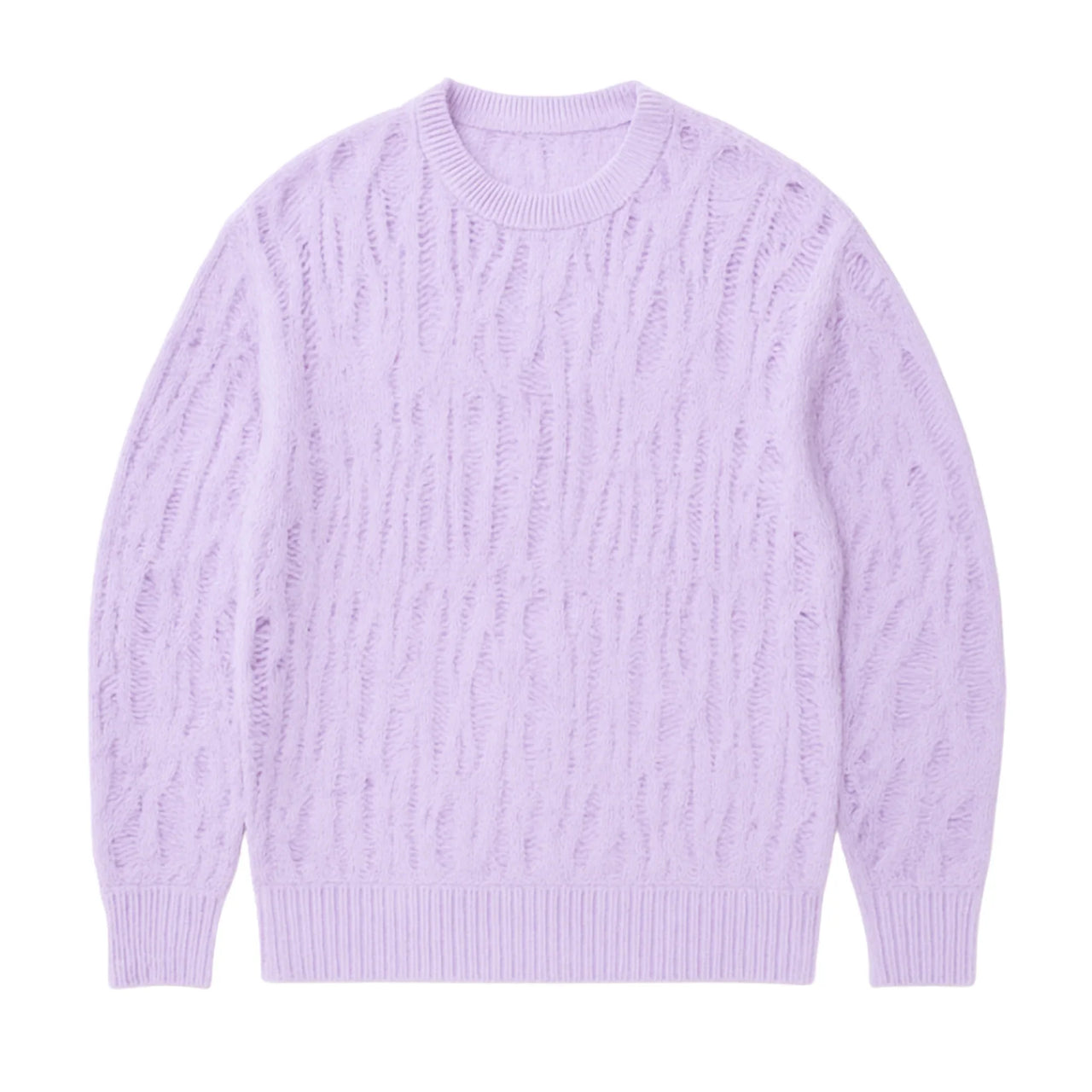 Light purple distressed sweater on a white background