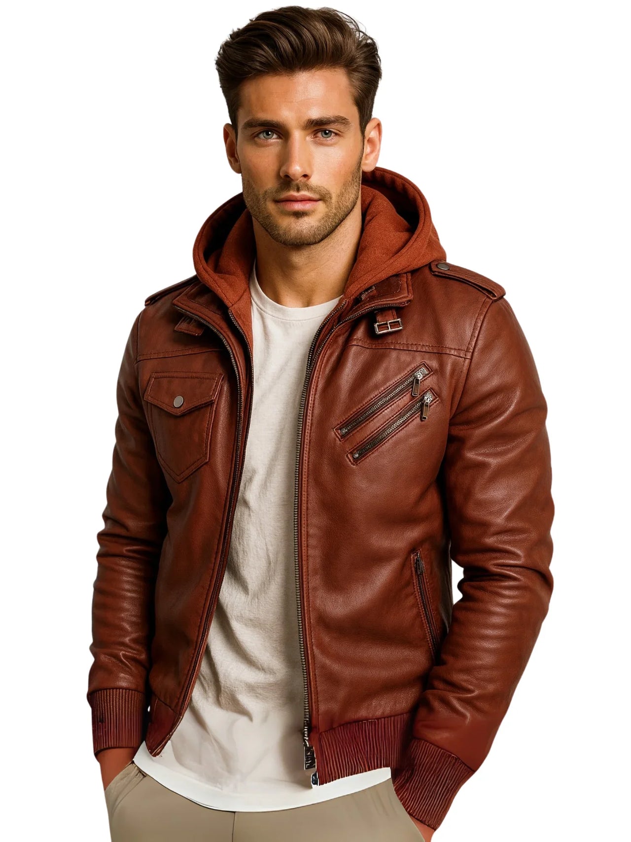 Man wearing a brownish red leather jacket with a white shirt underneath on a white background