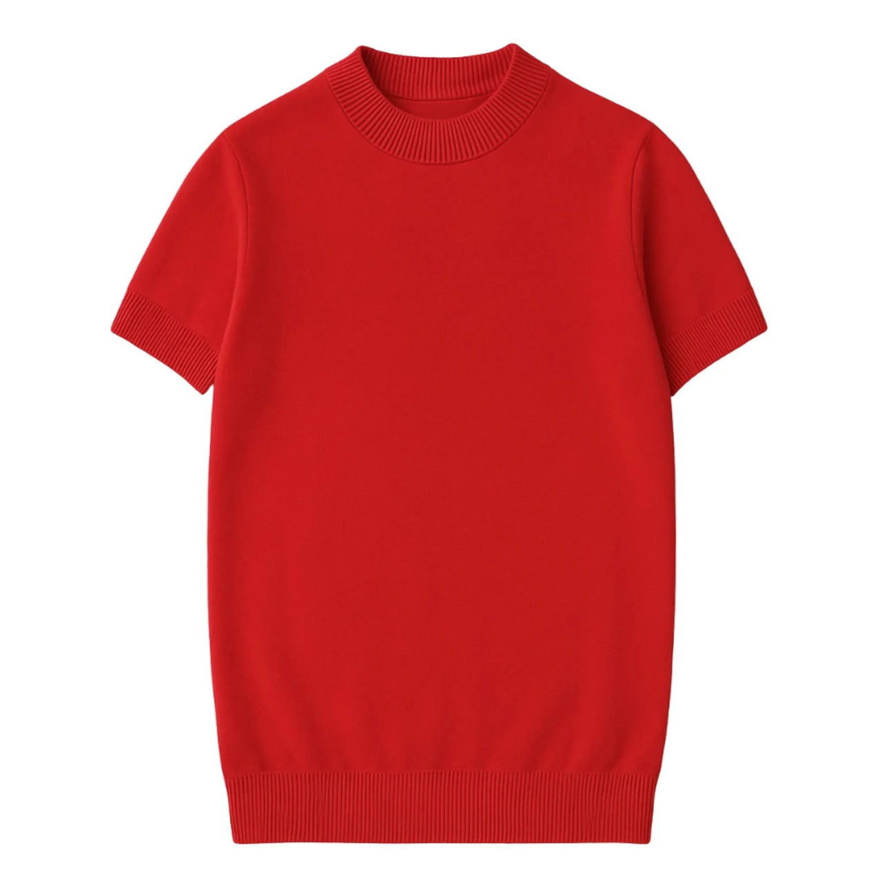 Short sleeve red mock neck shirt on a white background