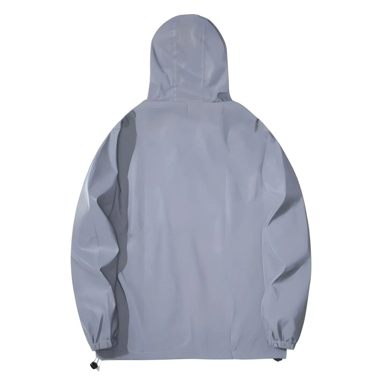 Back view of a gray hooded reflective jacket on a white background