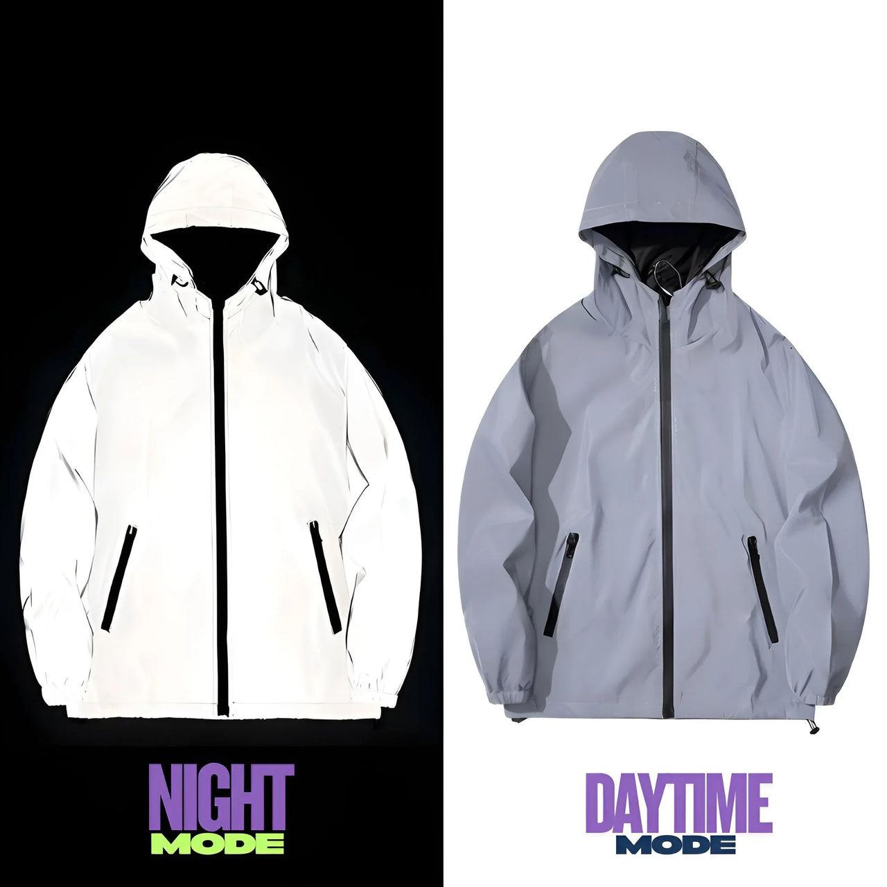 Two reflective jackets, one in white for night mode and one in gray for daytime mode, with zippers.