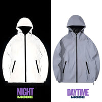 Thumbnail for Two reflective jackets, one in white for night mode and one in gray for daytime mode, with zippers.