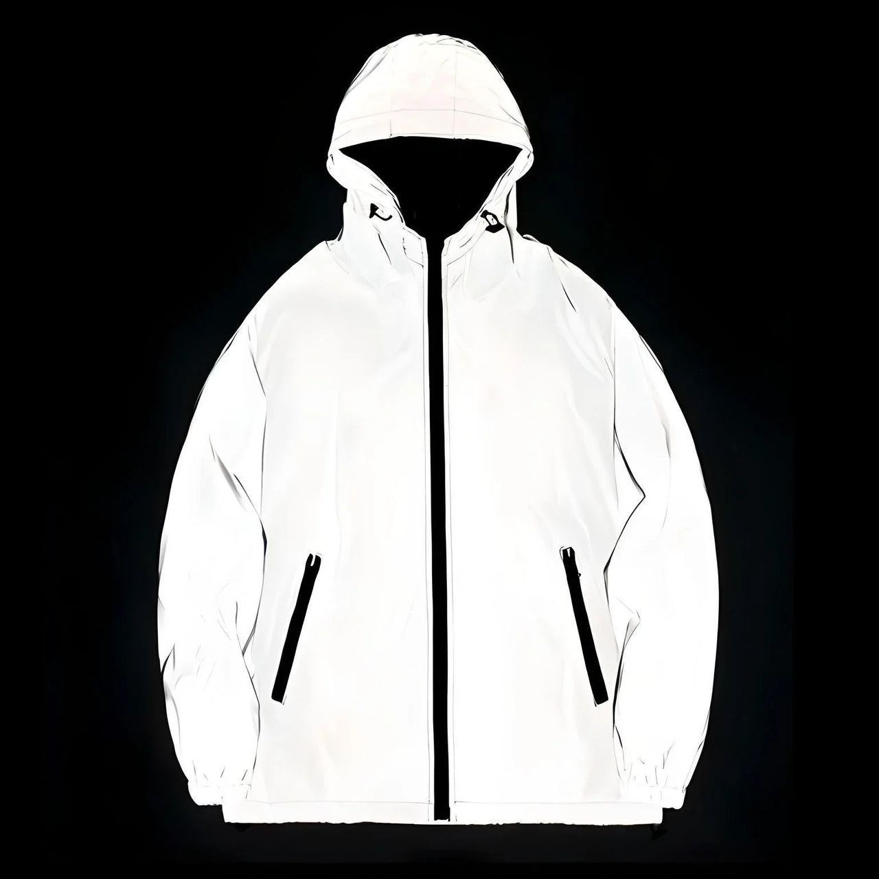 White reflective jacket with black zippers on a black background