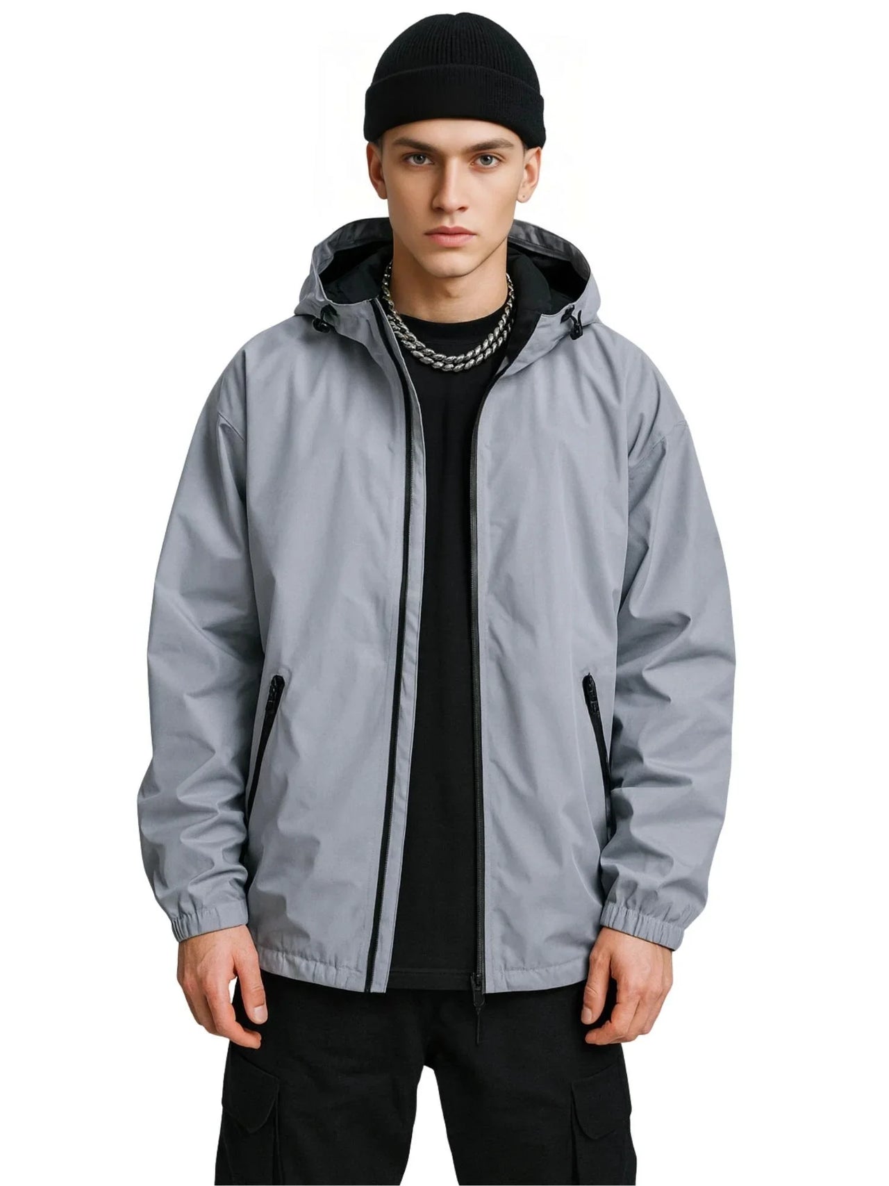 Man wearing a gray reflective jacket with a hood on a white background