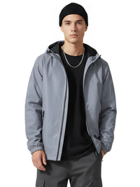 Thumbnail for Man wearing a gray jacket, black beanie, and black shirt on a white background