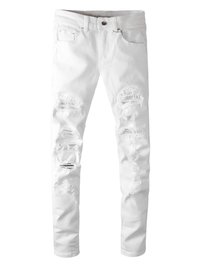 Thumbnail for Men's Ripped White Jeans Fashion Slim Skinny Rhinestone Stretch Denim Pants With Holes, Drestiny, White, Jeans, Skinny Jeans, Casual Pants, United States, USA, Australia, New Zealand, United Kingdom, UK, men's white jeans, white jeans for men, white jeans men, men's white denim jeans, slim fit white jeans men, men's white denim, white jeans mens, 28, 29, 30, 31, 32, 33, 34, 36, 38, 40, shopdrestiny.com