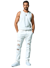 Thumbnail for Men's Ripped White Jeans Fashion Slim Skinny Rhinestone Stretch Denim Pants With Holes, Drestiny, White, Jeans, Skinny Jeans, Casual Pants, United States, USA, Australia, New Zealand, United Kingdom, UK, men's white jeans, white jeans for men, white jeans men, men's white denim jeans, slim fit white jeans men, men's white denim, white jeans mens, 28, 29, 30, 31, 32, 33, 34, 36, 38, 40, shopdrestiny.com