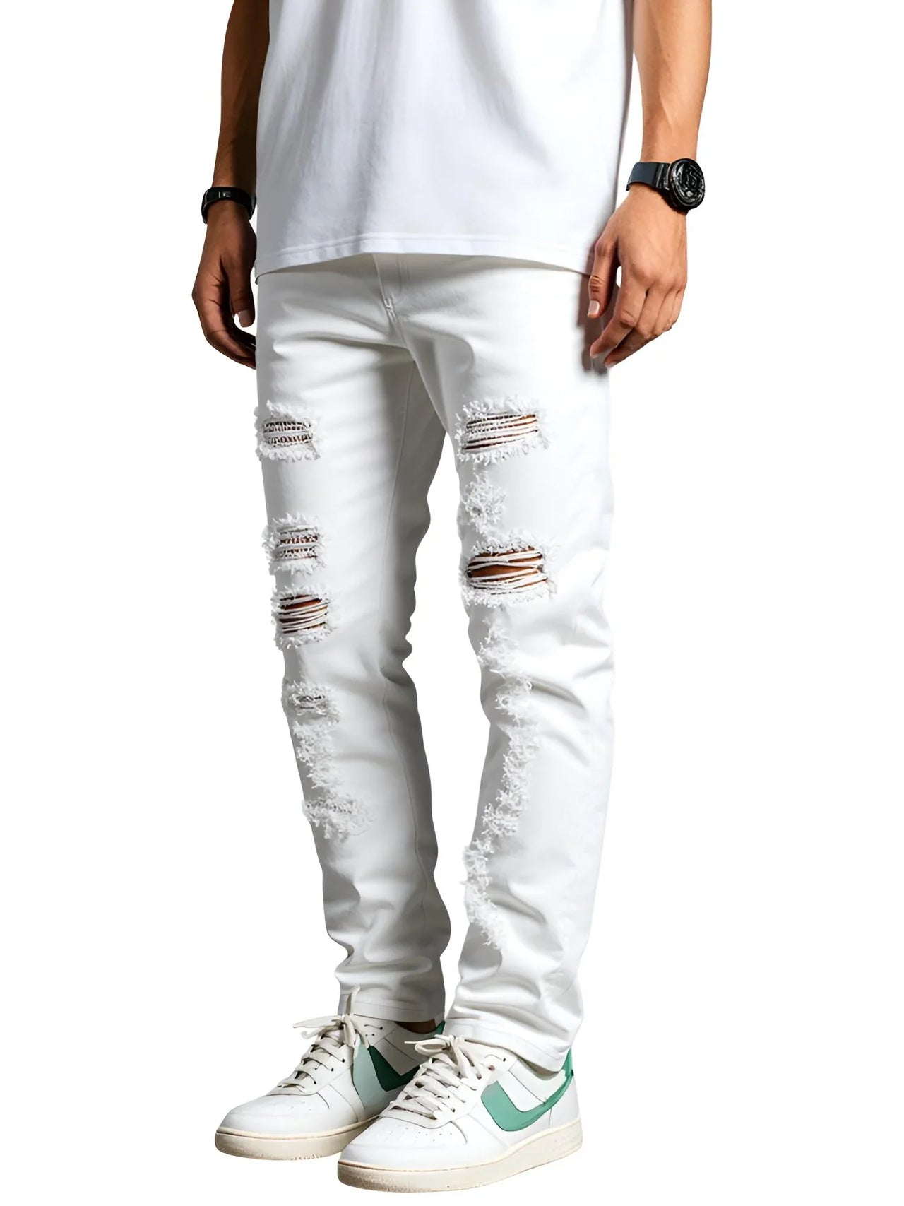 Men's Ripped White Jeans Fashion Slim Skinny Rhinestone Stretch Denim Pants With Holes, Drestiny, White, Jeans, Skinny Jeans, Casual Pants, United States, USA, Australia, New Zealand, United Kingdom, UK, men's white jeans, white jeans for men, white jeans men, men's white denim jeans, slim fit white jeans men, men's white denim, white jeans mens, 28, 29, 30, 31, 32, 33, 34, 36, 38, 40, shopdrestiny.com