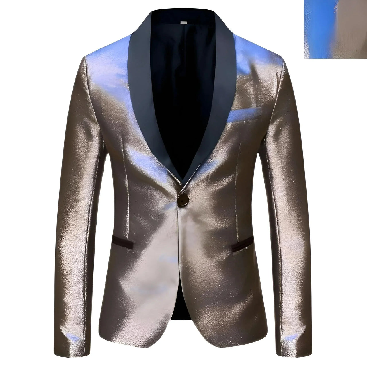 Shiny silver blazer with black lapels on a white background