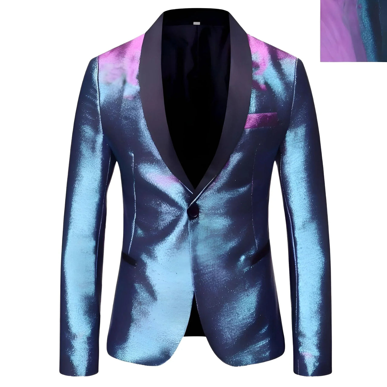 Shiny blue blazer with black lapels on a white background