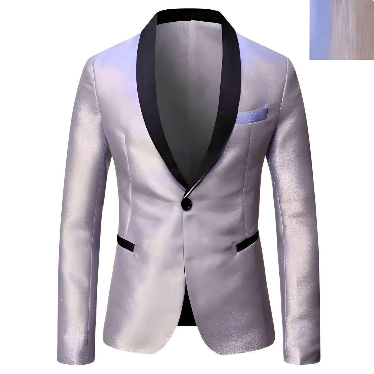 Silver blazer with black lapels on a white background