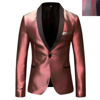 Thumbnail for Shiny red blazer with black lapels on a white background