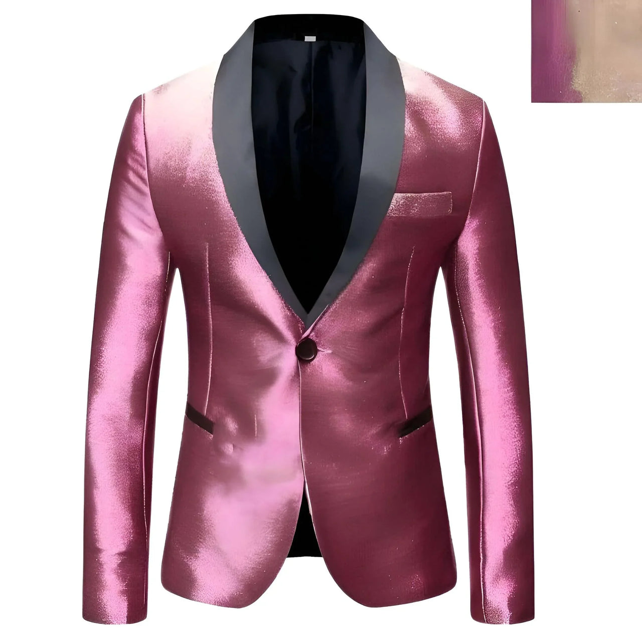 Pink satin blazer with black lapels on a white background
