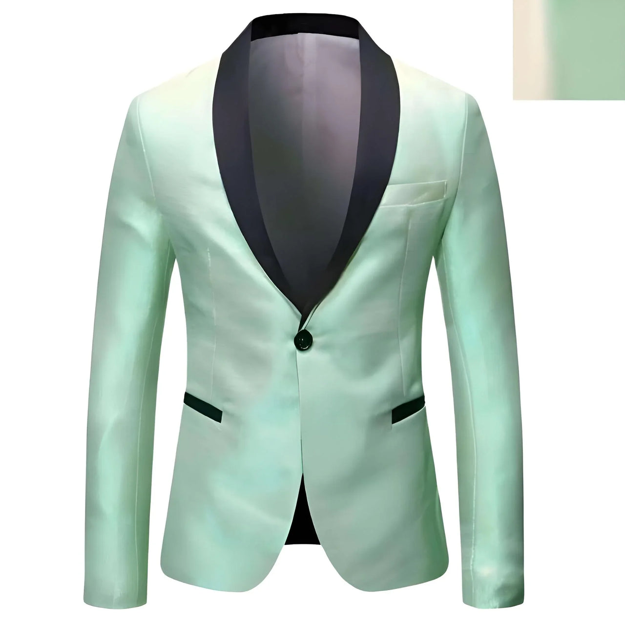 Light green blazer with black lapels on a white background