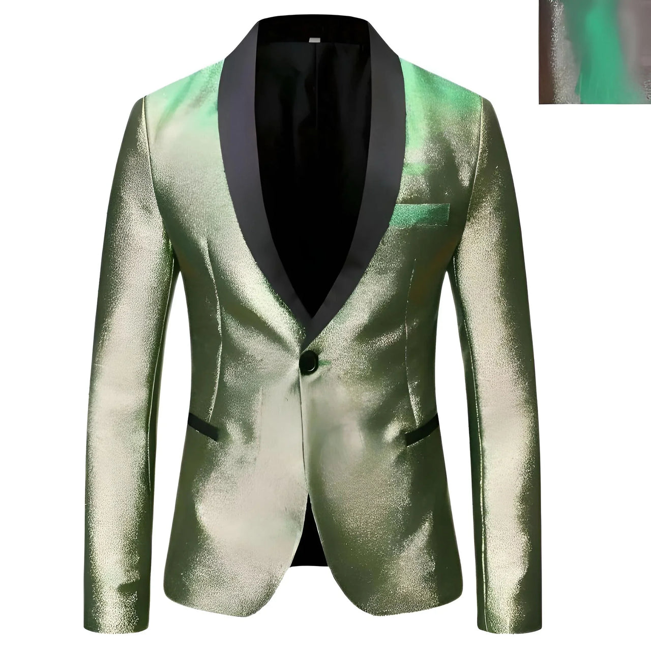 Shiny green blazer with black lapels on a white background