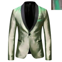 Thumbnail for Shiny green blazer with black lapels on a white background