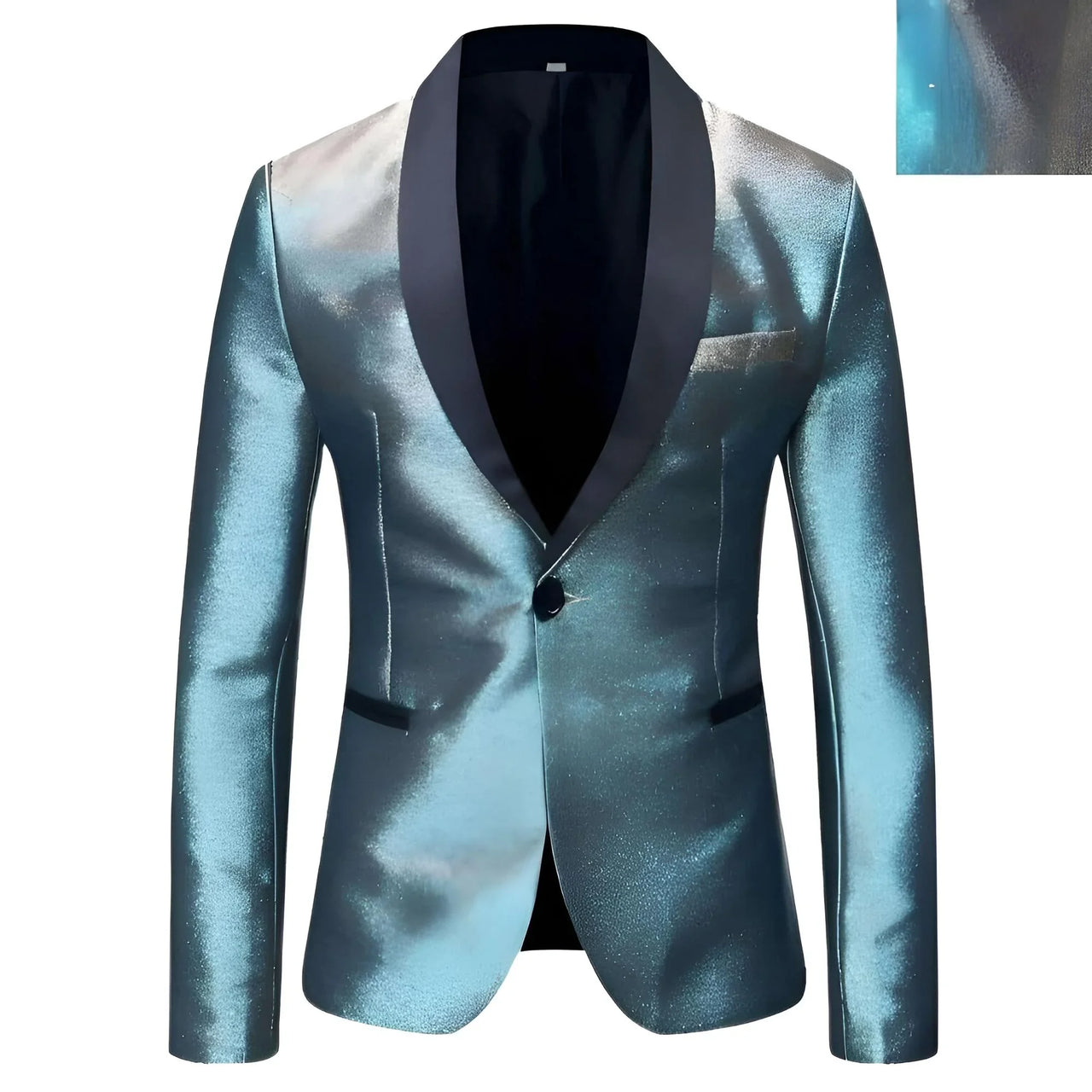 Shiny blue blazer with black lapels on a white background