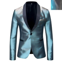 Thumbnail for Shiny blue blazer with black lapels on a white background