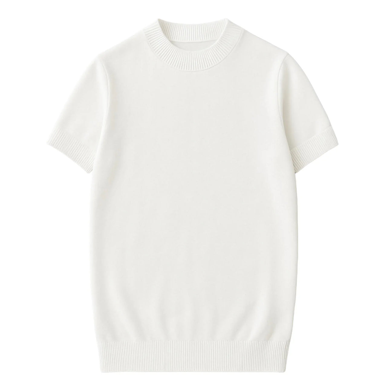 Short sleeve whtie mock neck shirt on a white background