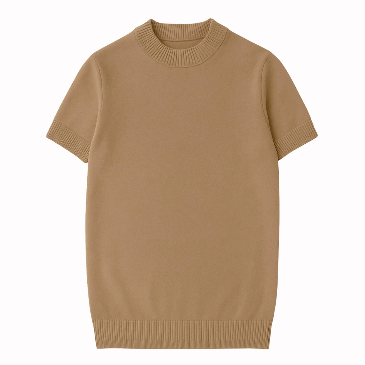 Short sleeve tan mock neck shirt on a white background